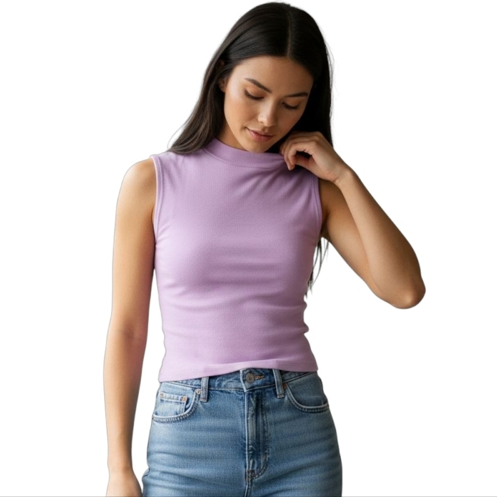 PINKMSTYLE  Lavender Sleeveless Mock Neck Tank 2025 Stretchy Versatile M